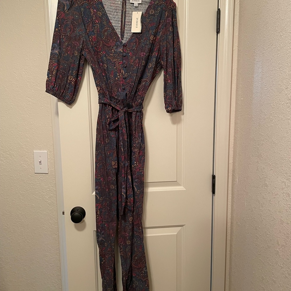 EVEREVE Floral Ember Jumpsuit Size Large Puff Sleeve Belt Cropped Purple Teal.